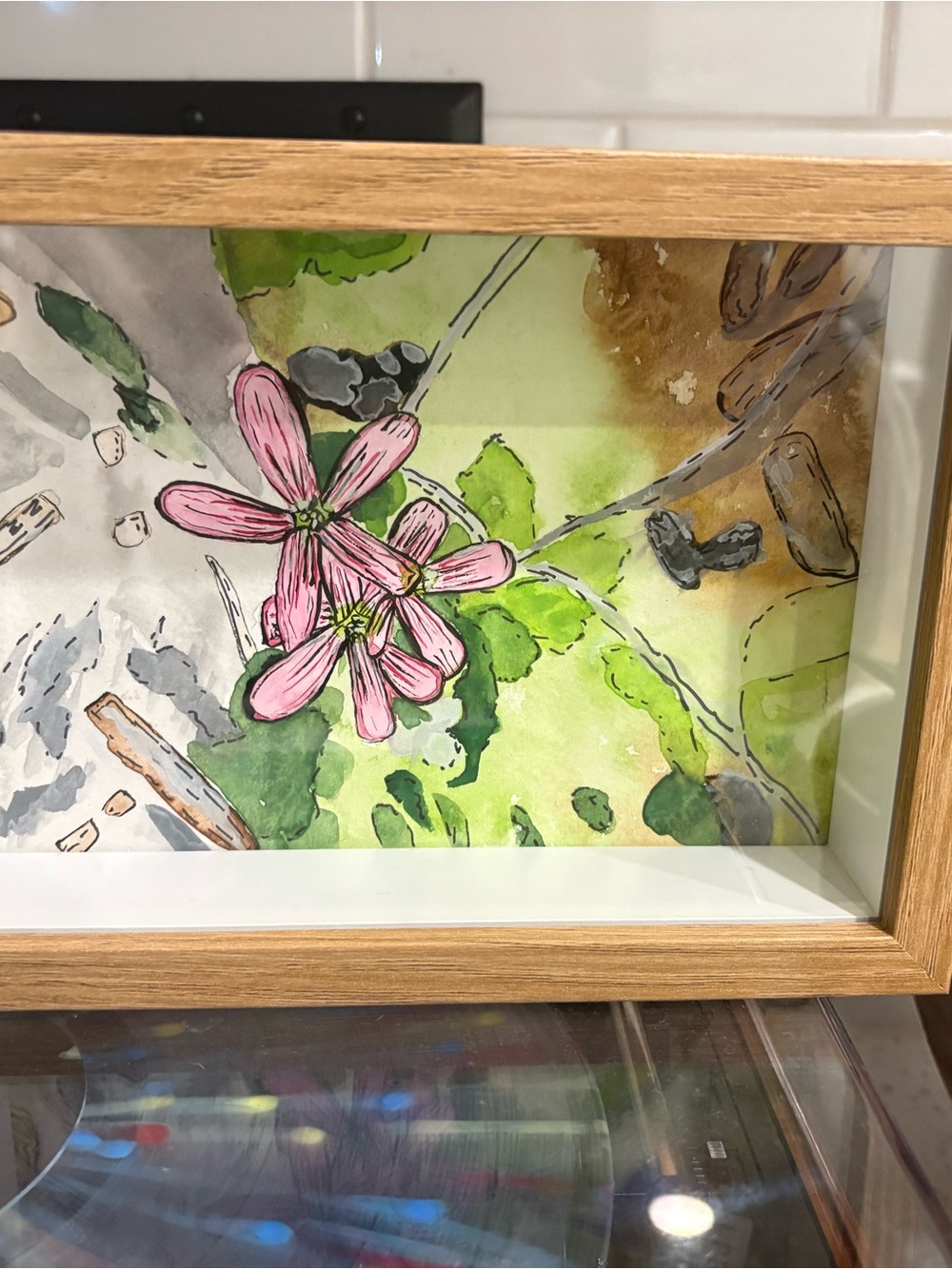 Framed Watercolor Floral Art - Pink Flower on Green Background